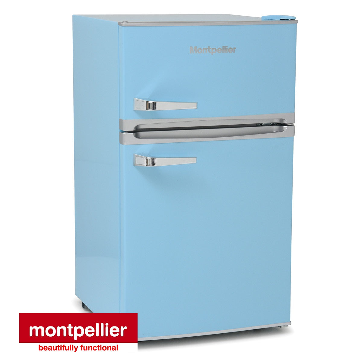 Montpellier MAB2035PB 48CM ( 85.5cm High ) Pastel Blue Retro Style Under Counter Fridge Freezer