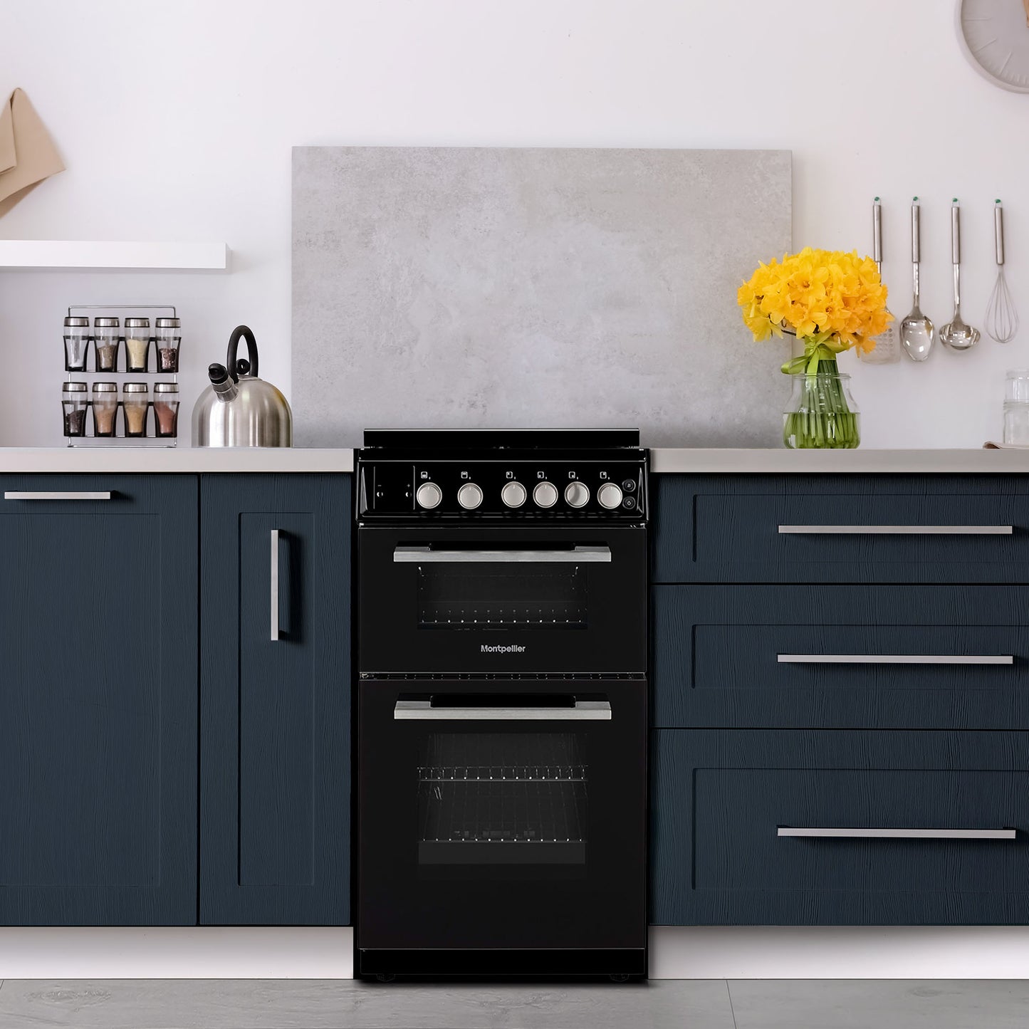 Montpellier MDOG50LK 50CM Black Double Oven Gas Cooker With Glass Lid
