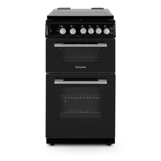 Montpellier MDOG50LK 50CM Black Double Oven Gas Cooker With Glass Lid