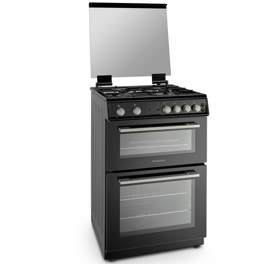Montpellier MDOG60LK 60CM Black Double Oven Gas Cooker With Glass Lid