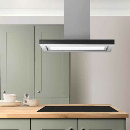 Caple ZI923 90cm Stainless & Black Glass Island Extractor With LED Lighting