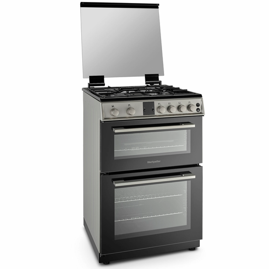 Montpellier MDOG60LS 60CM Silver Double Oven Gas Cooker With Glass Lid