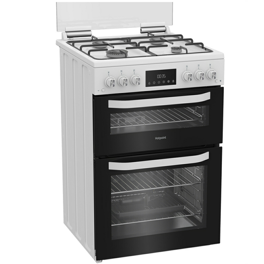 Hotpoint HDG6GDCW 60cm Gas Cooker With Double Oven & Glass Lid