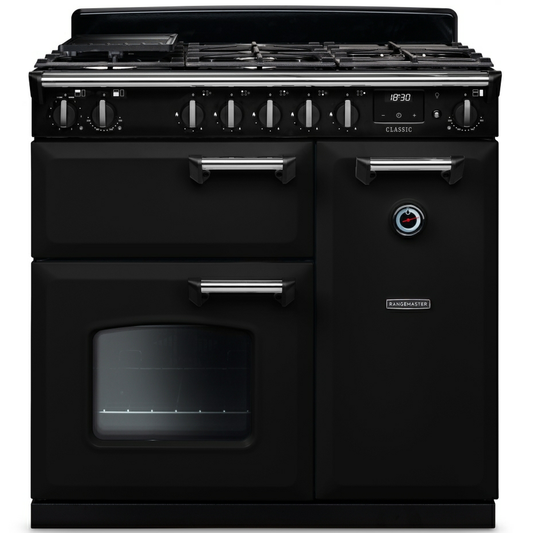 Rangemaster CL90DFPGBL/CM1 Classic Gloss Black Dual Fuel Range Cooker