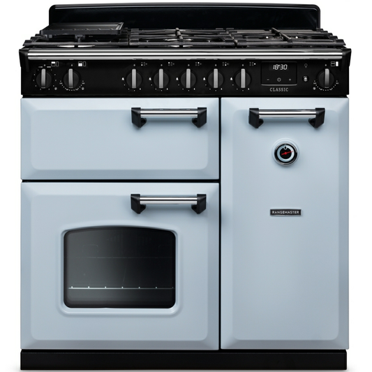 Rangemaster CL90DFPBOR/CM1 Classic Misty Blue Dual Fuel Range Cooker
