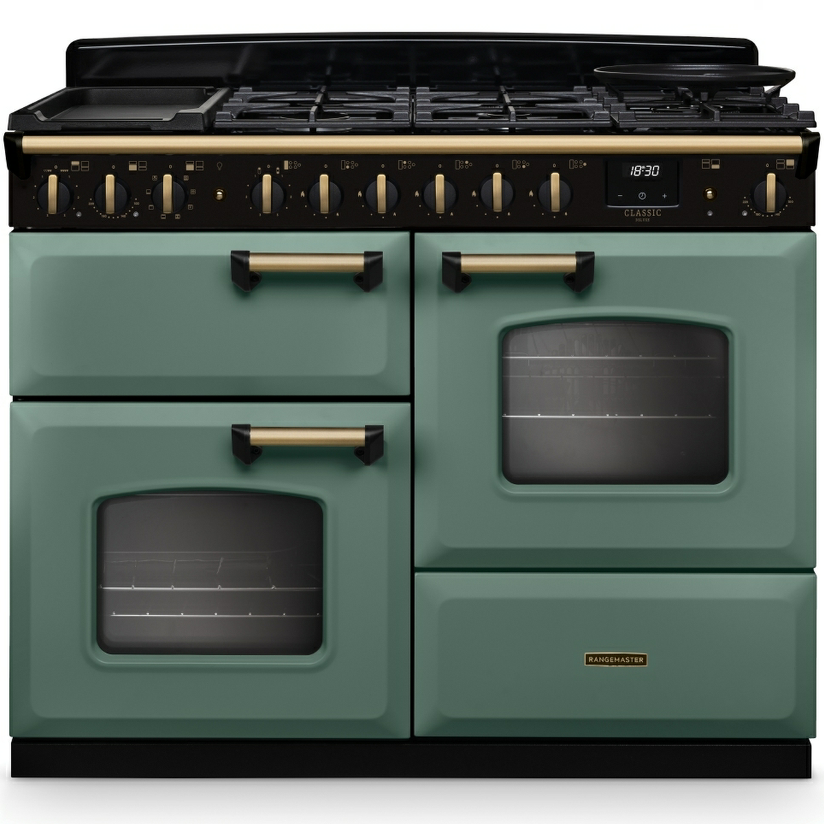 Rangemaster CLDLO110DFPMGR/AB1 Classic Deluxe Mineral Green / Antique Brass Dual Fuel Range Cooker