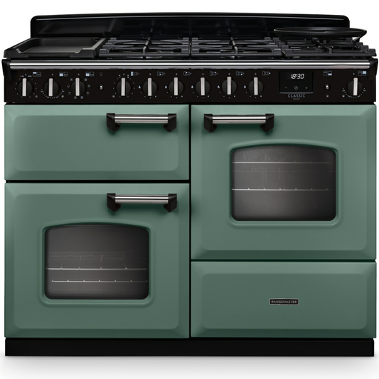 Rangemaster CLDLO110DFPMGR/CM1 Classic Deluxe Mineral Green / Chrome Dual Fuel Range Cooker