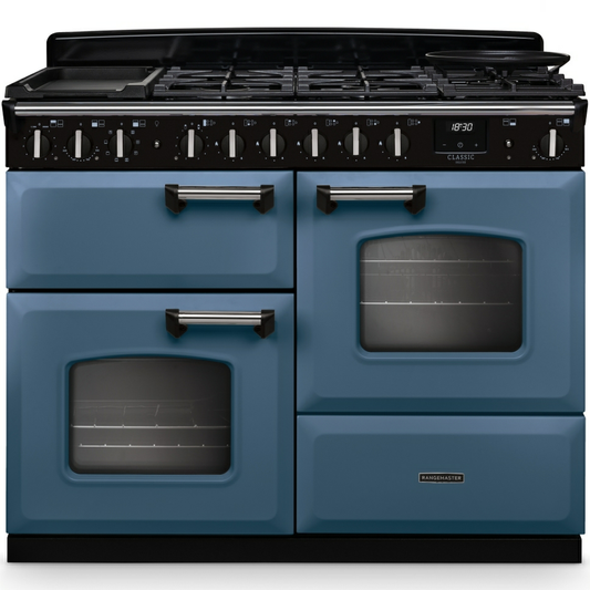 Rangemaster CLDLO110DFPSTB/CM1 Classic Deluxe Stone Blue / Chrome Dual Fuel Range Cooker